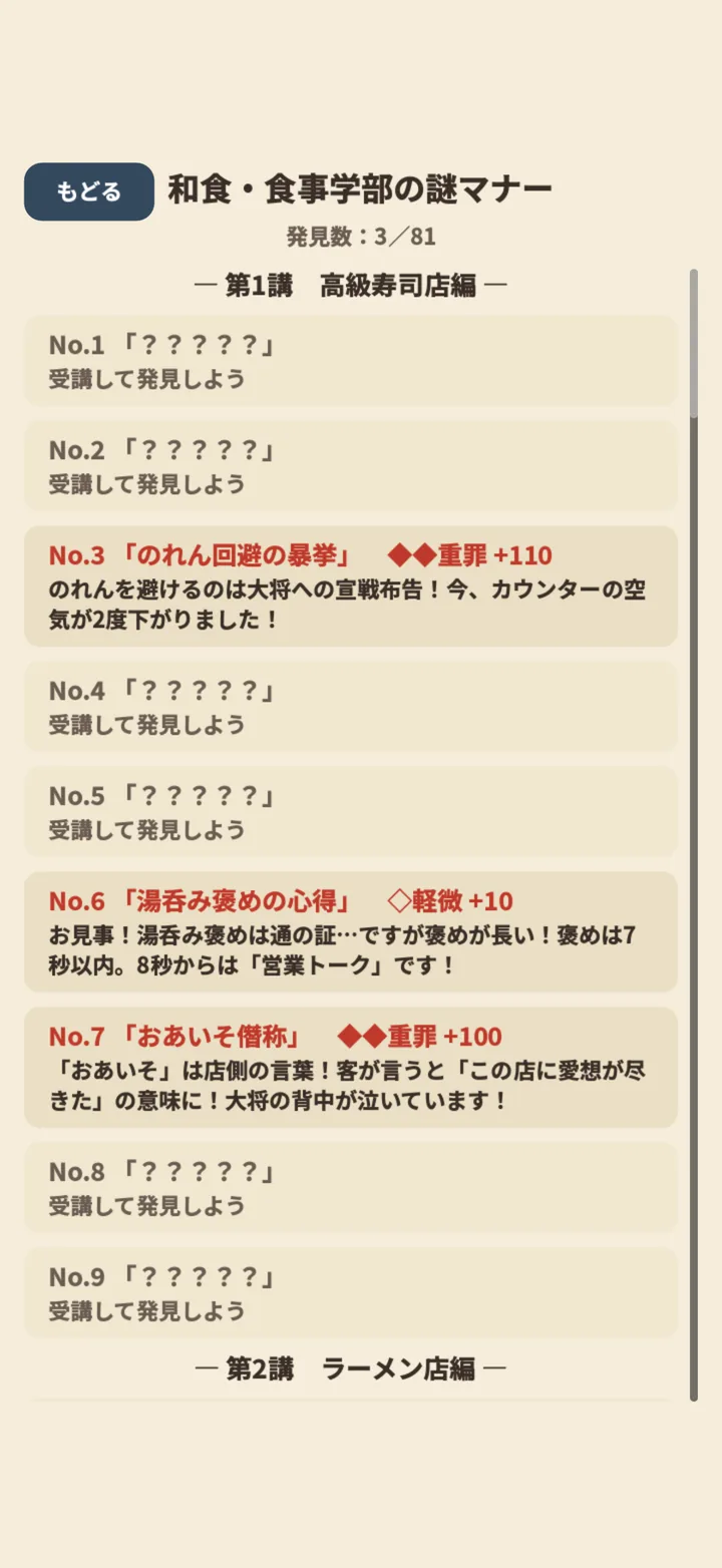 謎マナー図鑑。発見したものだけ名前が表示され、未発見は?????のまま