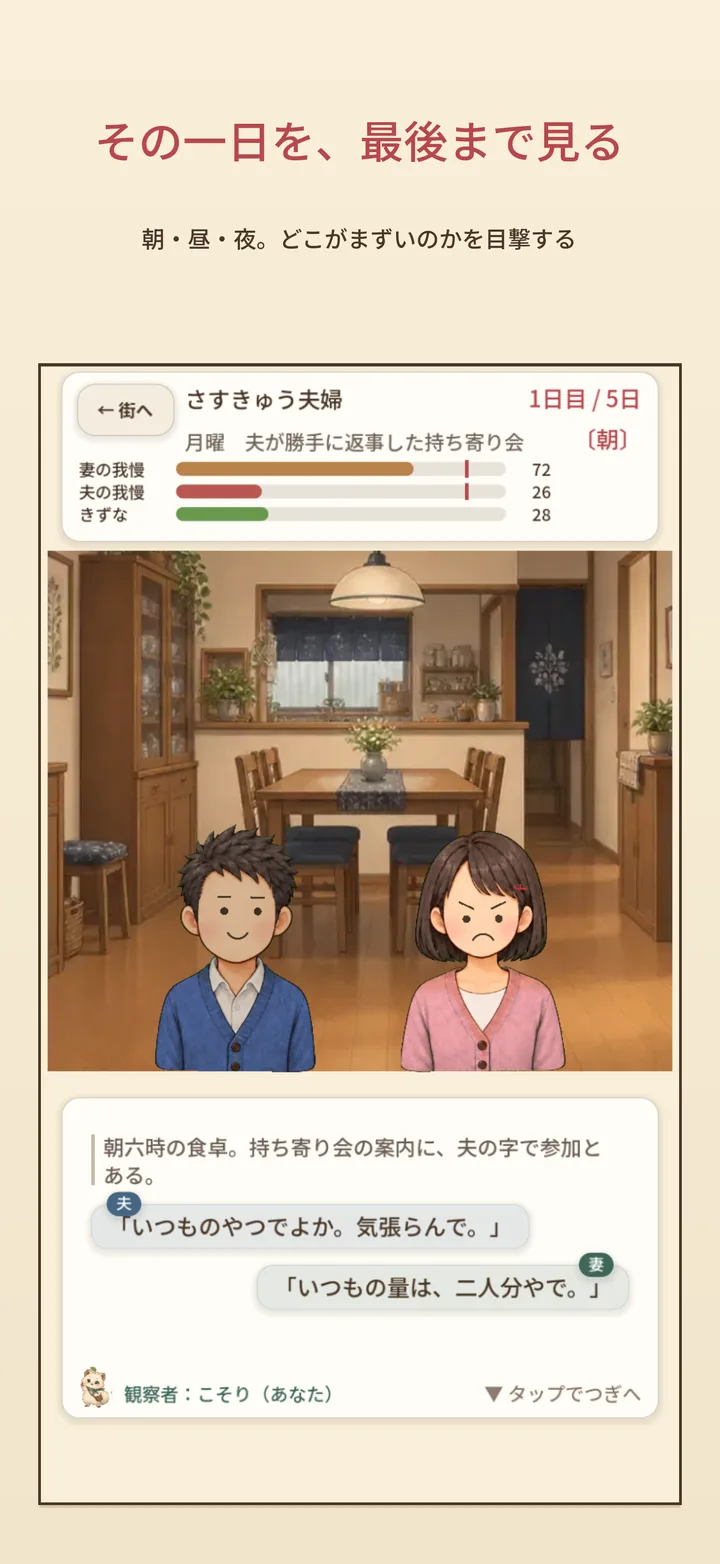 さすきゅう住宅街 朝・昼・夜を観察する画面