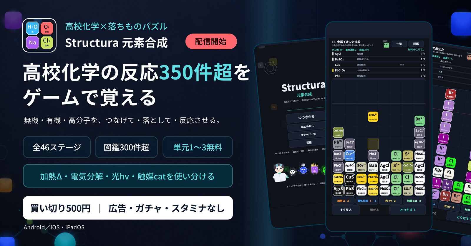 Structura 元素合成 ― 高校化学の反応350件超をゲームで覚える。全46ステージ・図鑑300件超・単元1〜3無料。買い切り500円、広告・ガチャ・スタミナなし。
