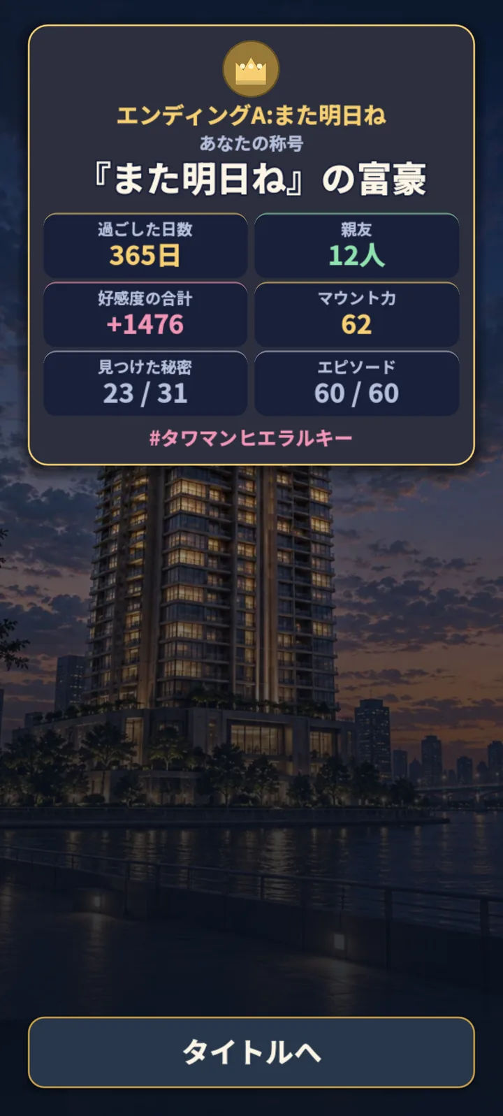 タワマンヒエラルキー エンディングの称号カード