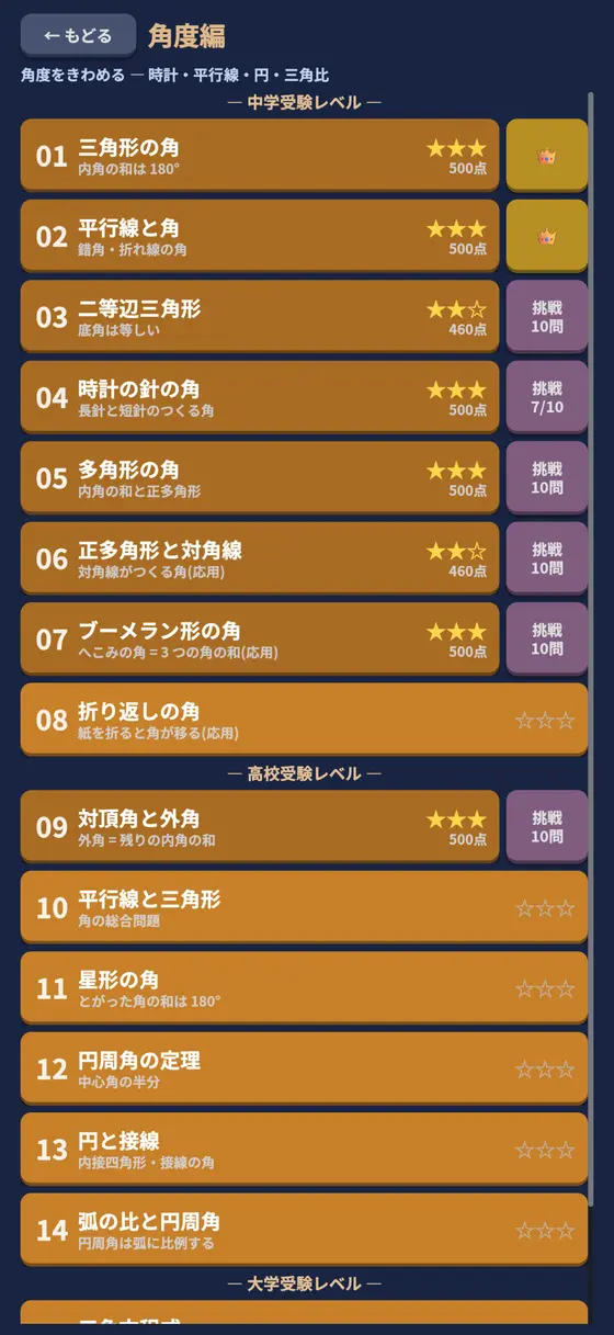角度編のステージ一覧